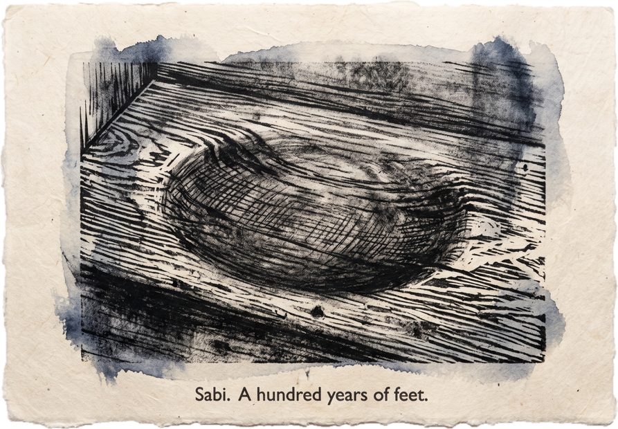 Charcoal study of a worn hollow in a wooden stair, captioned sabi, a hundred years of feet