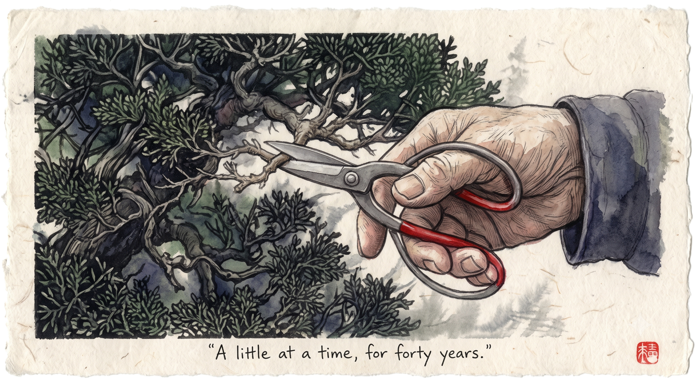 A weathered hand pruning a bonsai with red-handled shears, captioned a little at a time, for forty years