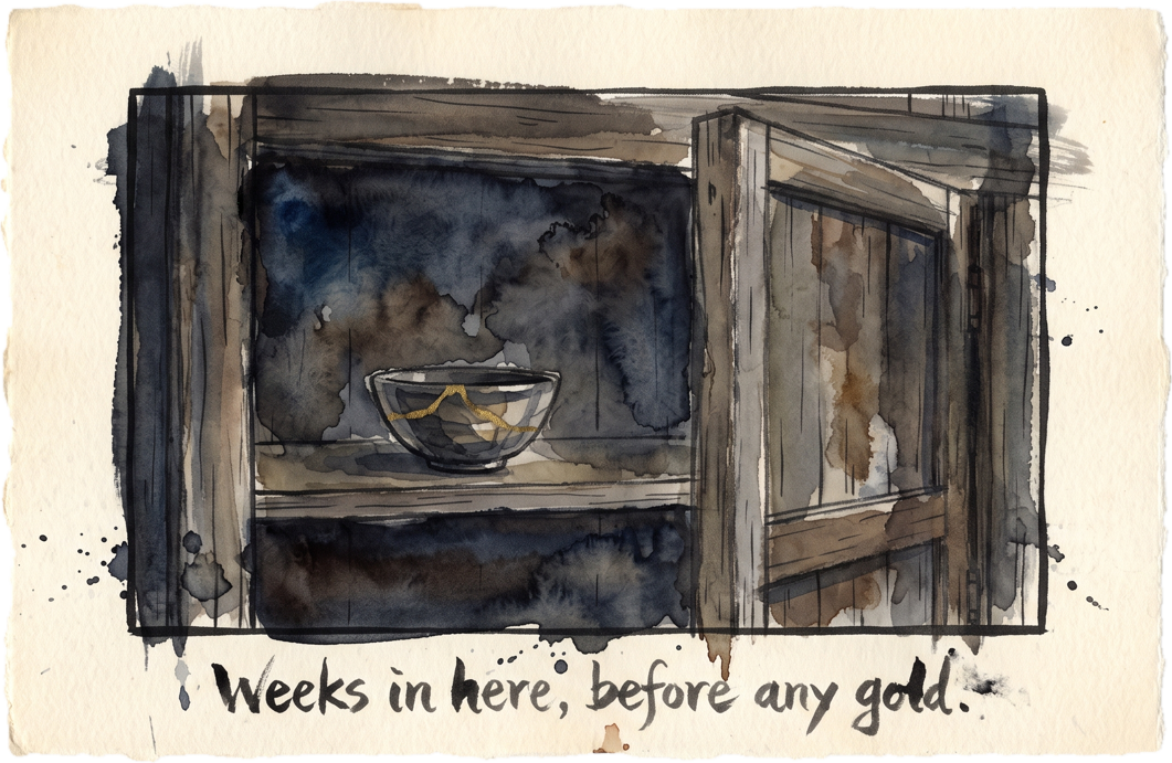 A bowl curing inside a dark humid cabinet, captioned weeks in here, before any gold