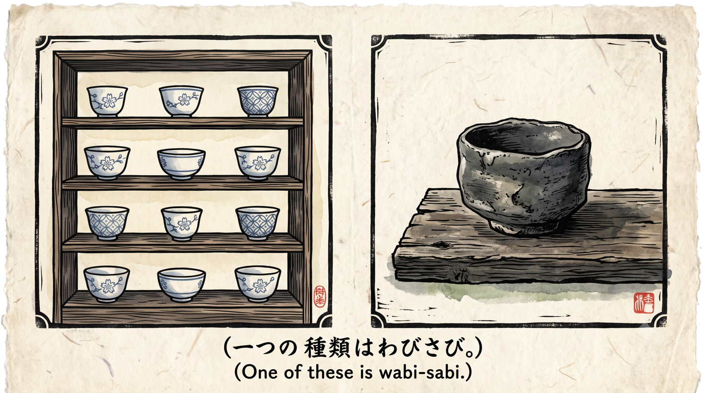 Rows of identical porcelain cups beside a single rough tea bowl, captioned one of these is wabi-sabi