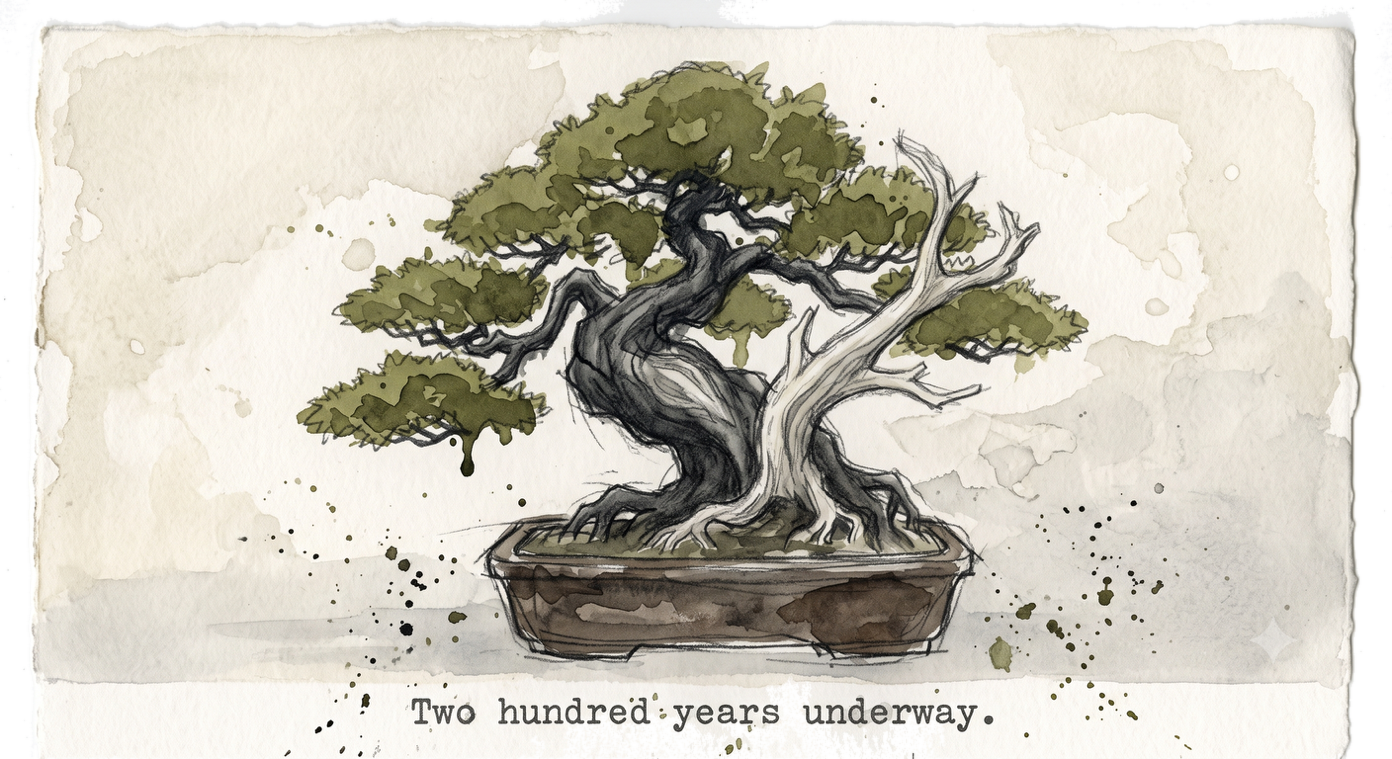 Watercolour of an ancient bonsai in a shallow pot, captioned two hundred years underway