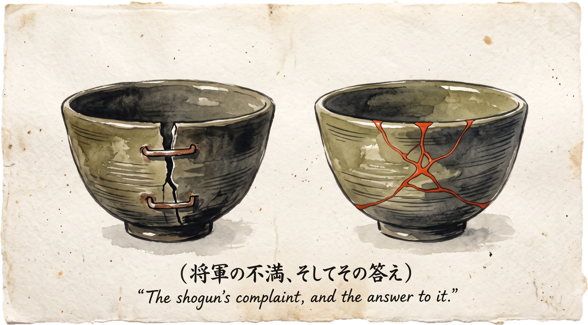 Two tea bowls, one stapled and one mended in gold, captioned the shogun's complaint, and the answer to it