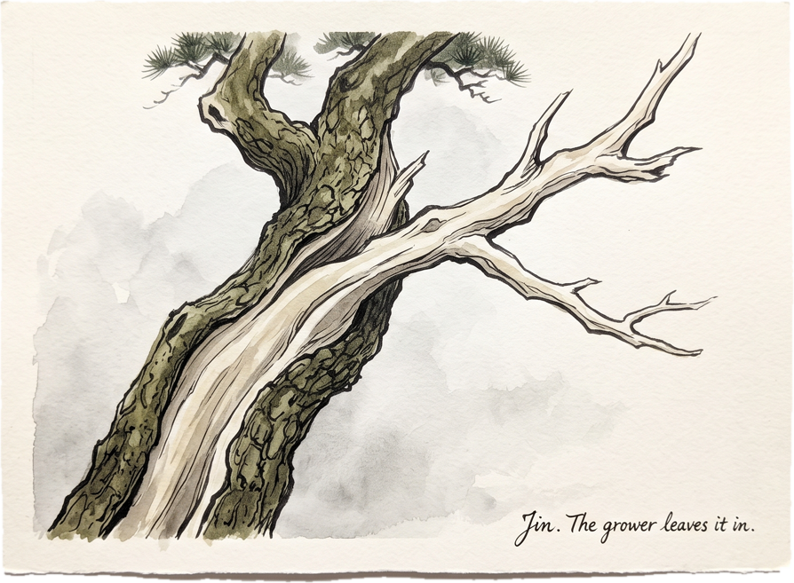 An old pine with a bleached deadwood branch, captioned jin, the grower leaves it in